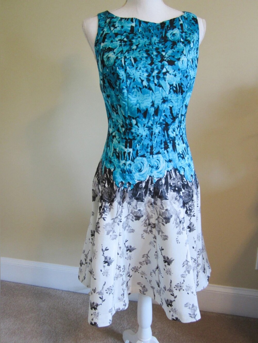 Floral Fit-and-Flare Dress in Teal & White